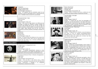 9
O Sapateiro
Vasco Sá e David Doutel
Portugal- Espanha, 2011
Curta-metragem, Animação, 12’
Sinopse - Um sapateiro vive um momento crucial na sua
existência e sente-se embrulhado entre as memórias da sua
vida e a realidade sempre presente da sua profissão.
A Invenção de Hugo | Hugo
Martin Scorsese
EUA, 2011
Longa-metragem, Ficção, 126’
Sinopse - Paris, anos 30. Hugo Cabret é um órfão que vive
escondido na estação de comboios e guarda consigo um
estranho robot deixado pelo seu pai. Um dia, ao fugir do
inspetor da polícia, conhece Isabelle, uma jovem de quem se
torna amigo. Hugo descobre que ela tem uma chave
exatamente do mesmo tamanho da fechadura existente no
robot.
Gambozinos
João Nicolau
Portugal, 2013
Curta-metragem, Ficção, 20’
Sinopse - Um rapaz de dez anos debate-se com as agruras da
vida numa colónia de férias. Não é fácil ser ignorado pela
menina dos seus olhos e ver a camarata vandalizada por
rufias quase adolescentes.
Ensino Secundário
A Viagem à Lua | Le Voyage dans la Lune
Georges Méliès
França,1902
Curta-metragem, Ficção, 14’
Sinopse - O professor Barbenfouillis convence os seus
colegas a participarem numa viagem de exploração à Lua e o
grupo parte numa nave que aterra no olho direito da Lua.
O Homem da Câmara de Filmar | Chelovek s Kinoapparatom
Dziga Vertov
URSS, 1929
Longa-metragem, Documentário, 68’
Sinopse – Com um olhar e uma técnica única, o filme
mostra-nos o quotidiano moscovita nas suas mais diferentes
facetas, sintetizando a evolução e as conquistas
civilizacionais e culturais de um século.
Douro, Faina Fluvial
Manoel de Oliveira
Portugal, 1931
Curta-metragem, Documentário, 18’
Sinopse - Tendo o rio Douro como eixo, a azáfama da zona
ribeirinha da cidade do Porto é amplamente ilustrada.
Luzes da Cidade | City Lights
Charles Chaplin
EUA, 1931
Longa-metragem, Ficção, 87’
Sinopse - O enredo gira em torno da personagem do
vagabundo, que está sem dinheiro e sem lugar onde morar,
e de uma jovem e pobre florista cega, pela qual o vagabundo
se apaixona. A jovem confunde-o com um milionário e, para
não a desapontar, o vagabundo finge ser rico.
O Mundo a seus pés | Citizen Kane
Orson Welles
EUA, 1941
Longa-metragem, Ficção, 119’
Sinopse – O argumento de O Mundo a seus pés baseia-se,
em parte, na vida do magnata do jornalismo William
Randolph Hearst e conta a história de Charles Foster Kane,
um menino pobre que acabou por se tornar num dos
homens mais ricos do mundo.
Ladrões de Bicicletas | Ladri di Biciclette
Vittorio de Sica
Itália, 1948
Longa-metragem, Ficção, 93’
Sinopse - A história de um desempregado a quem roubam a
bicicleta, que era absolutamente necessária para encontrar
trabalho. A desesperada busca que faz com o seu filho
através da cidade de Roma é pretexto para uma crónica da
Itália em crise no pós-guerra e, principalmente, para o
retrato de uma relação entre pai e filho.
Belíssima | Bellissima
Luchino Visconti
Itália, 1951
Longa-metragem, Ficção, 115’
Sinopse - Maddalena, uma enfermeira que ganha a vida a
dar injeções ao domicílio, inscreve a sua filha Maria para
prestar provas de seleção para jovens atrizes na Cinecittà.
Para Maria, a seleção representa um bilhete para dar à filha
uma vida de luxo. Maddalena está disposta a tudo para
garantir a vitória da filha.
 