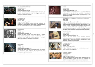 14
Non, Ou a vã Glória de Mandar
Manoel de Oliveira
Portugal, 1990
Longa-metragem, Ficção, 110’
Sinopse - Em África, nos finais da guerra colonial portuguesa, um
grupo de soldados avança pelo mato. Falam da guerra e da missão
histórica do homem em combate.
O Processo do Rei
João Mário Grilo
Portugal, 1990
Longa-metragem, Ficção, 91’
Sinopse – O filme debruça-se sobre as intrigas palacianas que
resultaram no final trágico do rei D. Afonso VI, que terminou os
seus dias enclausurado num quarto do Palácio de Sintra.
Os Salteadores
Abi Feijó
Portugal, 1993
Curta-metragem, Animação, 16’
Sinopse - Em plenos anos 50, numa viagem de carro à noite ao
longo da costa portuguesa, ouve-se uma discussão sobre a
identidade de um grupo de homens, capturados e mortos há
alguns anos no decorrer da Guerra Civil Espanhola.
Fado Lusitano
Abi Feijó
Portugal, 1995
Curta-metragem, Animação, 5’37”
Sinopse – No filme, Portugal é apresentado como um pequeno
país situado num canto da Europa, de coração errante, alma
amargurada e espírito aventureiro.
A Noite
Regina Pessoa
Portugal, 1999
Curta-metragem, Animação, 6’35”
Sinopse – A Noite é uma história sobre as duas vidas solitárias de
uma criança e a sua mãe. Ao dar visibilidade à escuridão, às
sombras e ao silêncio, a autora aborda sentimentos como a falta
de proteção e o medo.
Os Respigadores e a Respigadora | Les Glaneurs et la Glaneuse
Agnès Varda
França, 2000
Longa-metragem, Documentário, 82’
Sinopse – Partindo de uma perspetiva estética, política e moral, o
filme constitui-se como uma investigação de Varda sobre a vida
francesa. O ponto de partida são os respigadores, que percorrem
campos já ceifados em busca de espigas deixadas ficar e que
ficaram imortalizados na pintura de Millet e Van Gogh. Através da
sua viagem, Varda constrói um autêntico retrato da França atual.
Sob Céus Estranhos
Daniel Blaufuks
Portugal, 2002
Longa-metragem, Documentário, 52’
Sinopse – O autor retoma as suas memórias familiares,
reconhecendo-as durante um passeio por Lisboa, e regressa aos
tempos em que a capital foi corredor de passagem para muitos
refugiados, como os seus próprios avós.
A Passagem da Noite
Luís Filipe Rocha
Portugal, 2003
Longa-metragem, Ficção, 95’
Sinopse - Depois de ser violada por um toxicodependente, uma
jovem descobre que está grávida.
A Esquiva | L’Esquive
Abdelatif Kechiche
França, 2003
Longa-metragem, Ficção, 117’
Sinopse – O filme conta-nos a história de um adolescente que vive
nos subúrbios de Paris e aborda, não só, os seus problemas, mas
também a sua aproximação à rapariga por quem se apaixona.
 