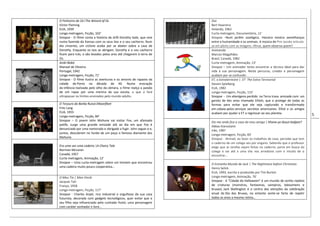 5
O Feiticeiro de Oz|The Wizard of Oz
Victor Fleming
EUA, 1939
Longa-metragem, Ficção, 102’
Sinopse - O filme conta a história da órfã Dorothy Gale, que vive
numa fazenda do Kansas com os seus tios e o seu cachorro. Num
dia cinzento, um ciclone acaba por se abater sobre a casa de
Dorothy. Enquanto os tios se abrigam, Dorothy e o seu cachorro
ficam para trás, e são levados pelos ares até chegarem à terra de
Oz.
Aniki-Bobó
Manoel de Oliveira
Portugal, 1942
Longa-metragem, Ficção, 71’
Sinopse - O filme ilustra as aventuras e os amores de rapazes da
cidade do Porto na década de 40. Numa evocação
da infância realizada pelo olho da câmara, o filme realça a paixão
de um rapaz por uma menina da sua escola, o que o fará
ultrapassar os limites ensinados pelo mundo adulto.
O Tesouro do Barba Ruiva|Moonfleet
Fritz Lang
EUA, 1955
Longa-metragem, Ficção, 84’
Sinopse – O jovem John Mohune vai visitar Fox, um afamado
patife, surge uma grande amizade até ao dia em que Fox é
denunciado por uma namorada e obrigado a fugir. John segue-o e,
juntos, descobrem no fundo de um poço o famoso diamante dos
Mohune.
Era uma vez uma cadeira |A Chairy Tale
Norman McLaren
Canadá, 1957
Curta-metragem, Animação, 12’
Sinopse – Uma curta-metragem sobre um homem que encontrou
uma cadeira muito pouco cooperativa…
O Meu Tio | Mon Oncle
Jacques Tati
França, 1958
Longa-metragem, Ficção, 117’
Sinopse - Charles Arpel, rico industrial e orgulhoso da sua casa
futurista, decorada com gadgets tecnológicos, quer evitar que o
seu filho seja influenciado pelo cunhado Hulot, uma personagem
com caráter sonhador e livre…
Zoo
Bert Haanstra
Holanda, 1962
Curta-metragem, Documentário, 11’
Sinopse –Num jardim zoológico, Hanstra mostra semelhanças
entre a humanidade e os animais. A música de Pim Jacobs articula-
se em pleno com as imagens. Afinal, quem observa quem?
Animando
Marcos Magalhães
Brasil, Canadá, 1982
Curta-metragem, Animação, 13’
Sinopse – Um animador tenta encontrar a técnica ideal para dar
vida à sua personagem. Neste percurso, criador e personagem
acabam por se confundir.
ET, o Extraterrestre | ET The Extra-Terrestrial
Steven Spielberg
EUA, 1982
Longa-metragem, Ficção, 115’
Sinopse - Um alienígena perdido na Terra trava amizade com um
garoto de dez anos chamado Elliott, que o protege de todas as
formas para evitar que ele seja capturado e transformado
em cobaia pelos serviços secretos americanos. Elliot e os amigos
acabam por ajudar o ET a regressar ao seu planeta.
Diz-me onde fica a casa do meu amigo | Khane-ye doust kodjast?
Abbas Kiarostami
Irão, 1987
Longa-metragem, Ficção, 83’
Sinopse - Ahmad, ao fazer os trabalhos de casa, percebe que tem
o caderno de um colega seu por engano. Sabendo que o professor
exige que as tarefas sejam feitas no caderno, parte em busca do
colega e vai até a uma vila nos arredores com o intuito de o
encontrar…
O Estranho Mundo de Jack | The Nightmare before Christmas
Henry Selick
EUA, 1993, escrito e produzido por Tim Burton
Longa-metragem, Animação, 76’
Sinopse - A "Cidade do Halloween" é um mundo de sonho repleto
de criaturas (monstros, fantasmas, vampiros, lobisomens e
bruxas). Jack Skellington é o centro das atenções da celebração
anual do Dia das Bruxas, no entanto sente-se farto de repetir
todos os anos a mesma rotina…
 