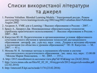 1. Purnima Valiathan. Blended Learning Models / Электронный ресурс. Режим
доступа:http://www.learningcircuits.org/2002/aug2002/valiathan.html Published:
August 2002
2. Андреев А. УМК для e-Learning // Высшее образование в России: - 2007. –
3. Браун А., Бимроуз Дж. Инновационные образовательные технологии
(проблемы практического использования) // : Высшее образование в России. -
2007. - №4.
4. Капустин Ю. И. Педагогические и организационные условия эффективного
сочетания очного обучения и применения технологий дистанционного
образования : автореф. дис. д-ра пед. наук : спец. „Теория и методика обучения
и воспитания (по областям и уровням образования)” / Ю. И. Капустин. — М.:
2007. — 41 с.
5. Мохова М. Н. Активные методы в смешанном обучении в системе
дополнительного педагогического образования : дис. канд. пед. наук : 13.00.08
/ Мохова Мария Николаевна. — М.: 2005. — 155 с.
6. http://2015.moodlemoot.in.ua/course/view.php?id=83&lang=en (24.02.2016)
7. http://www.mnau.edu.ua/files/02_02_01_10/mygovich/2012-mygovich-ossdnu.pdf
(22.02.2016)
8. http://interconf.fl.kpi.ua/ru/node/1174 (23.02.2016)
 