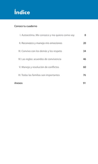 Índice
Conoce tu cuaderno	
	 I. Autoestima. Me conozco y me quiero como soy	8
	 II. Reconozco y manejo mis emociones	20
	 III. Convivo con los demás y los respeto	34
	 IV. Las reglas: acuerdos de convivencia	46
	 V. Manejo y resolución de conflictos	60
	 VI. Todas las familias son importantes	76
Anexos	91
 