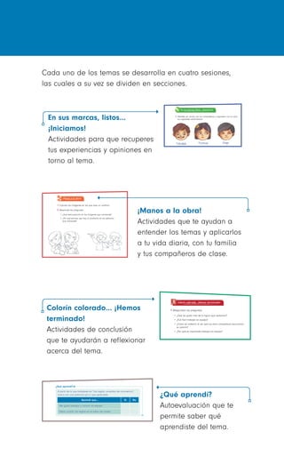 Cuadeprograma naCional de ConvivenCia esColar (pnCe)22
¡Qué emoción!
Identificarás los sentimientos que experimentas.
En sus marcas, listos... ¡Iniciamos!
1. Siéntate en círculo con tus compañeros y expresen con su cara
los siguientes sentimientos.
¡Manos a la obra!
1. Observa las imágenes de ésta y la siguiente página.
2. Dibuja en el círculo la cara que refleje lo que sientes al verlas.
Felicidad Tristeza Enojo
Sorpresa Aburrimiento Miedo
Sesión 1
Cuaderno de aCtividades para el alumnoa esColar (pnCe) 63
¡Manos a la obra!
1. Colorea las imágenes en las que veas un conflicto.
2. Responde las preguntas.
•	¿Qué está pasando en las imágenes que coloreaste?
•	¿Por qué piensas que hay un problema en los ejemplos
que coloreaste?
Cuaderno de aCtividades para el alumnoonvivenCia esColar (pnCe) 59
Colorín colorado... ¡Hemos terminado!
1. Comenta al grupo y con ayuda del maestro cómo pueden
cooperar para que se lleven a cabo los acuerdos.
2. Menciona la importancia de cumplir los acuerdos para mejorar
la convivencia.
¿Qué aprendí?
A partir de lo que trabajaste en “Las reglas: acuerdos de convivencia”,
marca con una palomita ( ) lo que aprendiste.
Aprendí que… Sí No
Me gusta trabajar y convivir en equipo.
Debo cumplir las reglas en el salón de clases.
2. Encierra con color rojo las normas y reglas de convivencia
que te cuesta trabajo cumplir o no te gustan.
Cuaderno de aCtividades para el alumnoprograma naCional de ConvivenCia esColar (pnCe) 57
¡Manos a la obra!
1. Reúnete con tu equipo y elijan la figura que van a elaborar.
3. Comenten al grupo cómo participaron todos.
Colorín colorado... ¡Hemos terminado!
1. Respondan las preguntas.
•	¿Qué les gustó más de la figura que realizaron?
•	¿Fue fácil trabajar en equipo?
•	¿Cómo se sintieron al ver que los otros compañeros escucharon
su opinión?
•	¿Por qué es importante trabajar en equipo?
2. Enséñenla al resto de sus compañeros en cuanto la terminen.
Cada uno de los temas se desarrolla en cuatro sesiones,
las cuales a su vez se dividen en secciones.
En sus marcas, listos…
¡Iniciamos!
Actividades para que recuperes
tus experiencias y opiniones en
torno al tema.
¡Manos a la obra!
Actividades que te ayudan a
entender los temas y aplicarlos
a tu vida diaria, con tu familia
y tus compañeros de clase.
Colorín colorado… ¡Hemos
terminado!
Actividades de conclusión
que te ayudarán a reflexionar
acerca del tema.
¿Qué aprendí?
Autoevaluación que te
permite saber qué
aprendiste del tema.
 