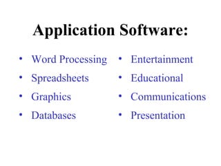 Application Software:
• Word Processing
• Spreadsheets
• Graphics
• Databases
• Entertainment
• Educational
• Communications
• Presentation
 