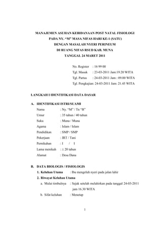 1
MANAJEMEN ASUHAN KEBIDANAAN POST NATAL FISIOLOGI
PADA NY. “M” MASA NIFAS HARI KE-1 (SATU)
DENGAN MASALAH NYERI PERINEUM
DI RUANG NIFAS RSUD KAB. MUNA
TANGGAL 24 MARET 2011
No. Register : 16 99 00
Tgl. Masuk : 23-03-2011 Jam:19.20 WITA
Tgl. Partus : 24-03-2011 Jam : 09.00 WITA
Tgl. Pengkajian: 24-03-2011 Jam: 21.45 WITA
LANGKAH I IDENTIFIKASI DATA DASAR
A. IDENTIFIKASI ISTRI/SUAMI
Nama : Ny. “M” / Tn “B”
Umur : 35 tahun / 40 tahun
Suku : Muna / Muna
Agama : Islam / Islam
Pendidikan : SMP / SMP
Pekerjaan : IRT / Tani
Pernikahan : I / I
Lama menikah : 20 tahun
Alamat : Desa Dana
B. DATA BIOLOGIS / FISIOLOGIS
1. Keluhan Utama : Ibu mengeluh nyeri pada jalan lahir
2. Riwayat Keluhan Utama
a. Mulai timbulnya : Sejak setelah melahirkan pada tanggal 24-03-2011
jam 16.30 WITA
b. Sifat keluhan : Menetap
 