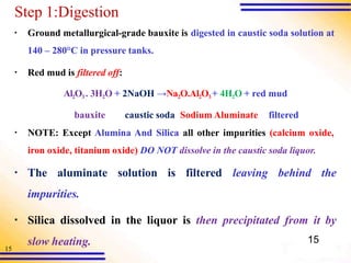 15
Step 1:Digestion
▪ Ground metallurgical-grade bauxite is digested in caustic soda solution at
140 – 280°C in pressure tanks.
▪ Red mud is filtered off:
Al2O3 . 3H2O + 2NaOH →Na2O.Al2O3 + 4H2O + red mud
bauxite caustic soda Sodium Aluminate filtered
▪ NOTE: Except Alumina And Silica all other impurities (calcium oxide,
iron oxide, titanium oxide) DO NOT dissolve in the caustic soda liquor.
▪ The aluminate solution is filtered leaving behind the
impurities.
▪ Silica dissolved in the liquor is then precipitated from it by
slow heating. 15
 