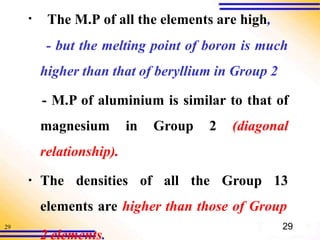 29
▪ The M.P of all the elements are high,
- but the melting point of boron is much
higher than that of beryllium in Group 2
- M.P of aluminium is similar to that of
magnesium in Group 2 (diagonal
relationship).
▪ The densities of all the Group 13
elements are higher than those of Group
2 elements.
29
 