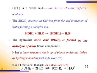 35
▪ H3BO3 is a weak acid……due to its electron deficient
tendency.
▪ The B(OH)3 accepts an OH- ion from the self ionization of
water forming a complex ion.
▪ by the
B(OH)3 + 2H2O → [B(OH)4]- + H3O+
The hydroxide boric acid B(OH)3 is formed
hydrolysis of many boron compounds.
▪ It has a layer structure made up of planar molecules linked
by hydrogen bonding (ref slide overleaf).
▪ It is a Lewis acid that acts as a Brønsted acid . 35
 