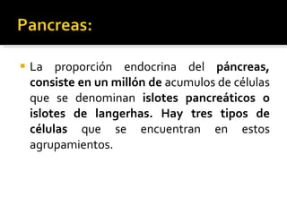 La proporción endocrina del  páncreas, consiste en un millón de  acumulos de células que se denominan  islotes pancreáticos o islotes de langerhas. Hay tres tipos de células  que se encuentran en estos agrupamientos. 
