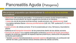 Pancreatitis Aguda (Patogenia) 
Mecanismos propuestos que desencadenan la activación de las enzimas 
pancreáticas 
• Obstrucción del conducto pancreático  incrementan la presión ductal intrapancreática y 
determinan la acumulación de líquido cargado de enzimas en el intersticio 
• Lipasa es una de las pocas enzimas activas: puede provocar una esteatonecrosis local 
• Los tejidos dañados liberan citocinas proinflamatorias (ILB, IL6, TNF, sustancia P)  edema 
intersticial 
• Lesión primaria de células acinares +en la ocasionada por virus, fármacos y traumatismo 
directo 
• Defectos en el transporte intracelular de las proenzimas dentro de las células acinares 
• Consumo de alcohol  su ingesta prolongada condiciona secreción de líquido pancreático 
cargado de proteínas (depósito de espesos tapones proteínicos y obstrucción de pequeños 
conductos pancreáticos) 
• También aumenta transitoriamente la secreción exócrina del páncreas y la contracción del 
esfínter de Oddi y pose efectos tóxicos directos sobre las células acinares. 
 