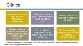 Clínica 
Asintomáticos hasta 
que infiltran 
estructuras 
adyacentes 
Dolor es el primer 
dato (cuando aparece 
ya no es posible 
curar) 
Ictericia obstructiva 
asociada a cabeza de 
páncreas 
Adelgazamiento, 
anorexia y malestar y 
astenia generalizada 
(enfermedad 
avanzada) 
Tromboflebitis 
migratoria “Sd de 
Trousseau” en el 10% 
de los px 
Evolución breve y 
progresiva (<20% son 
resecables al 
momento del dx) 
***Concentraciones séricas de antígeno carcinoembrionario y antígeno CA19-9 están elevadas en px con 
cáncer de páncreas (son inespecíficos) 
 