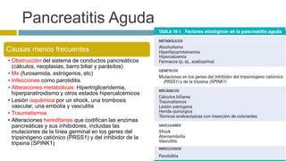 Pancreatitis Aguda 
Causas menos frecuentes 
• Obstrucción del sistema de conductos pancreáticos 
(cálculos, neoplasias, barro biliar y parásitos) 
• Mx (furosemida, estrógenos, etc) 
• Infecciones como parotiditis 
• Alteraciones metabólicas: Hipertrigliceridemia, 
hiperparatiroidismo y otros estados hipercalcémicos 
• Lesión isquémica por un shock, una trombosis 
vascular, una embolia y vasculitis 
• Traumatismos 
• Alteraciones hereditarias que codifican las enzimas 
pancreáticas y sus inhibidores, incluidas las 
mutaciones de la línea germinal en los genes del 
tripsinógeno catiónico (PRSS1) y del inhibidor de la 
tripsina (SPINK1) 
 