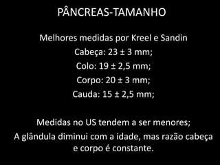 PÂNCREAS-TAMANHO

      Melhores medidas por Kreel e Sandin
             Cabeça: 23 ± 3 mm;
              Colo: 19 ± 2,5 mm;
              Corpo: 20 ± 3 mm;
             Cauda: 15 ± 2,5 mm;

      Medidas no US tendem a ser menores;
A glândula diminui com a idade, mas razão cabeça
              e corpo é constante.
 