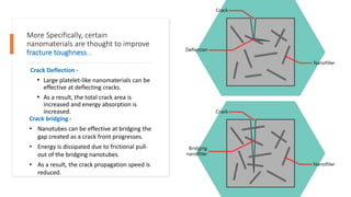 More Specifically, certain
nanomaterials are thought to improve
fracture toughness...
Crack Deflection -
• Large platelet-like nanomaterials can be
effective at deflecting cracks.
• As a result, the total crack area is
increased and energy absorption is
increased.
Crack bridging -
• Nanotubes can be effective at bridging the
gap created as a crack front progresses.
• Energy is dissipated due to frictional pull-
out of the bridging nanotubes.
• As a result, the crack propagation speed is
reduced.
 