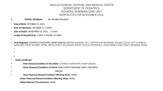 BAGUIO GENERAL HOSPITAL AND MEDICAL CENTER
DEPARTMENT OF PEDIATRICS
PEDIATRIC NEWBORN CARE UNIT
MORTALITIES FOR NOVEMBER 2023
1. TOMAS, FRANKLIN DR. VILORIA/VELASCO
• Date of Birth: OCTOBER 29, 2023
• Date of Admission: OCTOBER 31 7:10PM
• Date of Death: NOVEMBER 03, 2023 1:51AM
• Length of Hospital Stay: 2 DAYS, 6 HOURS, 41 MINS
•
• Final Diagnosis: COMPLEX CONGENITAL HEART DISEASE (EBSTEIN ANOMALY GR 2, VENTRICULAR INVERSION, DOUBLE OUTLET LEFT VENTRICLE,
MALPOSED GREAT ARTERIES, ATRIAL SEPTAL DEFECT SECUNDUM, PATENT DUCTUS ARTERIOSUS, MESOCARDIA); EARLY ONSET NEONATAL SEPSIS
•
•
•
• Death Certificate:
• Main Disease/Condition of the Infant: COMPLEX CONGENITAL HEART DISEASE
• Other Diseases/Conditions of Infant: EARLY ONSET NEONATAL SEPIS, LOW BIRTH
• WEIGHT
• Main Maternal Disease/Condition Affecting Infant: NONE
•Other Maternal Disease/Condition Affecting Infant: NONE
•Other Relevant Circumstances: NONE
 