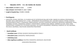 7. TABLAZON, YVETTE NICU: DR. VILORIA/ DR. VELASCO
• Date of Birth: OCTOBER 31 2023 2:19PM
• Date of Death: NOVEMEBER 19, 2023 7:28PM
• Length of Hospital Stay: 19 DAYS, 5 HOURS
• Final Diagnosis
• SINGLETON, FEMALE, PRETERM, 32-33 WEEKS AGE OF GESTATION BY BALLARD SCORE, INBORN VIA NORMAL SPONTANEOUS
DELIVERY, WITH A BIRTHWEIGHT OF 1.72 KGS., APPROPRIATE FOR GESTATIONAL AGE, LOW BIRTH WEIGHT, HYPOXIC ISCHEMIC
ENCEPHALOPATHY STAGE 3, CONGENITAL TOXOPLASMOSIS, MULTIPLE CONGENITAL ANOMALIES (BIFRONTAL NARROWING, SMALL
PALPEBRAL FISSURES, CONGENITAL CATARACT, HYPOTELORISM, NARROW NASAL BRIDGE, NARROW ALA NASI, SMALL NOSE,
MICROSTOMIA, CLINODACTYLY 5TH FINGER, BILATERAL, LEG LENGTH DISCREPANCY, PROXIMALLY INSERTED 1ST TOE, BILATERAL,
PES CAVUS, BILATERAL), HEALTHCARE ASSOCIATED PNEUMONIA
• Death Certificate:
• Immediate cause: HYPOXIC ISCHEMIC ENCEPHALOPATHY STAGE 3
• Antecedent cause: CONGENITAL TOXOPLASMOSIS
• Underlying cause:
• Other significant conditions: MULTIPLE CONGENITAL ANOMALIES, HEALTHCARE
ASSOCIATED PNEUMONIA
 