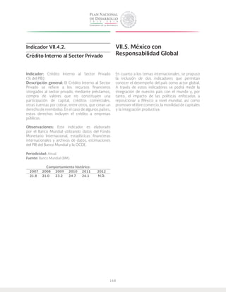 168
Indicador VII.4.2.
Crédito Interno al Sector Privado
Indicador: Crédito Interno al Sector Privado
(% del PIB).
Descripción general: El Crédito Interno al Sector
Privado se refiere a los recursos financieros
otorgados al sector privado, mediante préstamos,
compra de valores que no constituyen una
participación de capital, créditos comerciales,
otras cuentas por cobrar, entre otros, que crean un
derecho de reembolso. En el caso de algunos países,
estos derechos incluyen el crédito a empresas
públicas.
Observaciones: Este indicador es elaborado
por el Banco Mundial utilizando datos del Fondo
Monetario Internacional, estadísticas financieras
internacionales y archivos de datos, estimaciones
del PIB del Banco Mundial y la OCDE.
Periodicidad: Anual.
Fuente: Banco Mundial (BM).
Comportamiento histórico:
2007	 2008	 2009	 2010	 2011	 2012
21.8	 21.0	 23.2	 24.7	 26.1	 N.D.
VII.5. México con
Responsabilidad Global
En cuanto a los temas internacionales, se propuso
la inclusión de dos indicadores que permitan
conocer el desempeño del país como actor global.
A través de estos indicadores se podrá medir la
integración de nuestro país con el mundo y, por
tanto, el impacto de las políticas enfocadas a
reposicionar a México a nivel mundial, así como
promover el libre comercio, la movilidad de capitales
y la integración productiva.
 