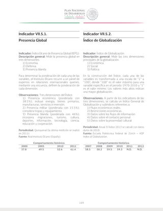 169
Indicador VII.5.1.
Presencia Global
Indicador: Índice Elcano de Presencia Global (IEPG).
Descripción general: Mide la presencia global en
tres dimensiones:
1) Economía.
2) Defensa.
3) Presencia blanda.
Para determinar la ponderación de cada una de las
variables, el Instituto Elcano recurre a un pánel de
expertos en relaciones internacionales quienes,
mediante una encuesta, definen la ponderación de
cada dimensión.
Observaciones: Tres dimensiones del índice:
1) Presencia económica (ponderada con
38.5%), incluye energía, bienes primarios,
manufacturas, servicios e inversión.
2) Presencia militar (ponderada con 15.5%),
considera tropas y equipamiento.
3) Presencia blanda (ponderada con 46%),
incorpora migraciones, turismo, cultura,
deportes, información, tecnología, ciencia,
educación y cooperación.
Periodicidad: Quinquenal (la última medición se realizó
en 2011).
Fuente: Real Instituto Elcano (España).
Comportamiento histórico:
2000		 2005		 2010 	 2011
37.8		 49.5		 52.6	 61.4
Indicador VII.5.2.
Índice de Globalización
Indicador: Índice de Globalización.
Descripción general: Mide las tres dimensiones
principales de la globalización:
1) Económica.
2) Social.
3) Política.
En la construcción del Índice, cada una de las
variables es transformada a una escala de “1” a
“100”, donde “100” es el valor máximo para una
variable específica en el periodo 1970-2010 y “1”
es el valor mínimo. Los valores más altos indican
una mayor globalización.
Observaciones: A partir de los indicadores de las
tres dimensiones, se calcula un índice General de
Globalización y subíndices referentes a:
1) Flujos económicos reales.
2) Restricciones económicas.
3) Datos sobre los flujos de información.
4) Datos sobre el contacto personal.
5) Datos sobre la proximidad cultural.
Periodicidad: Anual. El índice 2013 se calculó con datos
duros de 2010.
Fuente:	Escuela Politécnica Federal de Zúrich – KOF
Index of Globalization.
Comportamiento histórico:
2007	 2008	 2009 2010 2011 2012
58.5	 58.2	 59.5 59.3 N.D. N.D.
 