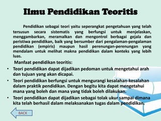 Ilmu Pendidikan Teoritis
        Pendidikan sebagai teori yaitu seperangkat pengetahuan yang telah
  tersusun secara sistematis yang berfungsi untuk menjelaskan,
  menggambarkan, meramalkan dan mengontrol berbagai gejala dan
  peristiwa pendidikan, baik yang bersumber dari pengalaman-pengalaman
  pendidikan (empiris) maupun hasil perenungan-perenungan yang
  mendalam untuk melihat makna pendidikan dalam konteks yang lebih
  luas.
   Manfaat pendidikan teoritis:
• Teori pendidikan dapat dijadikan pedoman untuk mengetahui arah
  dan tujuan yang akan dicapai.
• Teori pendidikan berfungsi untuk mengurangi kesalahan-kesalahan
  dalam praktik pendidikan. Dengan begitu kita dapat mengetahui
  mana yang boleh dan mana yang tidak boleh dilakukan.
• Teori pendidikan dapat dijadikan sebagai tolak ukur sampai dimana
  kita telah berhasil dalam melaksanakan tugas dalam pendidikan.
     BACK
 