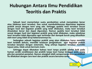 Hubungan Antara Ilmu Pendidikan
        Teoritis dan Praktis
       Sebuah teori memerlukan suatu pembuktian untuk menyatakan benar
atau tidaknya teori tersebut. Dan untuk membuktikannya diperlukan kegiatan
praktik sesuai dengan teori yang ada. Sehingga apabila teori tersebut sesuai
dengan hasil dari kegiatan praktik yang telah dilakukan, maka teori tersebut
dinyatakan benar dan dapat digunakan. Namun apabila teori tersebut tidak
sesuai dengan hasil dari kegiatan praktik yang telah dilakukan, maka sebaiknya
teori tersebut tidak digunakan agar terhindar dari dampak buruk yang dihasilkan
oleh teori yang tidak teruji kebenarannnya itu.
       Sedangkan sebuah kegiatan praktik yang akan dilakukan harus memiliki
teori terlebih dahulu, memiliki landasan pengetahuan agar kegiatan praktik
tersebut berjalan dengan sistematis. Yang artinya kegiatan tersebut memiliki
tujuan jelas, tidak untuk bermain-main.
       Sehingga dapat dikatakan bahwa teori tanpa praktik adalah baik pada
human cerdik cendikiawan dan praktik tanpa teori hanya terdapat pada orang
gila dan penjahat-penjahat. Namun alangkah lebih sempurnanya ilmu pendidikan
itu dilakukan dengan cara teori dan praktik secara bersama-sama.


                                                                  NEXT
 