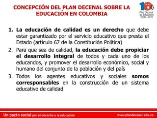 CONCEPCIÓN DEL PLAN DECENAL SOBRE LA EDUCACIÓN EN COLOMBIALa educación de calidad es un derecho que debe estar garantizado por el servicio educativo que presta el Estado (artículo 67 de la Constitución Política)Para que sea de calidad, la educación debe propiciar el desarrollo integral de todos y cada uno de los educandos, y promover el desarrollo económico, social y humano del conjunto de la población y del país Todos los agentes educativos y sociales somos corresponsables en la construcción de un sistema educativo de calidad