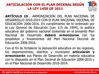 ARTICULACIÓN CON EL PLAN DECENAL SEGÚN LA LEY 1450 DE 2011ARTÍCULO 10°. ARMONIZACIÓN DEL PLAN NACIONAL DE DESARROLLO 2010-2014 CON El PLAN NACIONAL DECENAL DE EDUCACIÓN 2006-2016. En cumplimiento de lo ordenado por la Ley General de Educación (Ley 115 de 1994), la política educativa del gobierno nacional contenida en el presente Plan Nacional de Desarrollo deberá armonizarse con los propósitos y lineamientos del Plan Nacional Decenal de Educación 2006-2016. Con el fin de fortalecer la planeación educativa en las regiones, los departamentos, distritos y municipios articularán y armonizarán sus Planes de Desarrollo en materia educativa con lo dispuesto en el Plan Decenal de Educación 2006-2016 y en el Plan Nacional de Desarrollo 2010-2014. 