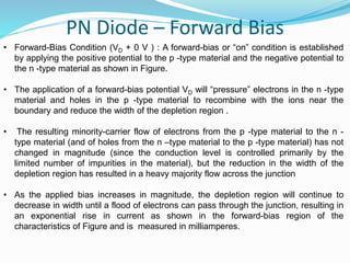 PN Diode – Forward Bias
• Forward-Bias Condition (VD + 0 V ) : A forward-bias or “on” condition is established
by applying the positive potential to the p -type material and the negative potential to
the n -type material as shown in Figure.
• The application of a forward-bias potential VD will “pressure” electrons in the n -type
material and holes in the p -type material to recombine with the ions near the
boundary and reduce the width of the depletion region .
• The resulting minority-carrier flow of electrons from the p -type material to the n -
type material (and of holes from the n –type material to the p -type material) has not
changed in magnitude (since the conduction level is controlled primarily by the
limited number of impurities in the material), but the reduction in the width of the
depletion region has resulted in a heavy majority flow across the junction
• As the applied bias increases in magnitude, the depletion region will continue to
decrease in width until a flood of electrons can pass through the junction, resulting in
an exponential rise in current as shown in the forward-bias region of the
characteristics of Figure and is measured in milliamperes.
 