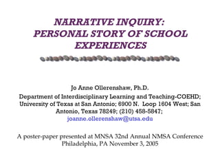 NARRATIVE INQUIRY:  PERSONAL STORY OF SCHOOL EXPERIENCES Jo Anne Ollerenshaw, Ph.D. Department of Interdisciplinary Learning and Teaching-COEHD; University of Texas at San Antonio; 6900 N.  Loop 1604 West; San Antonio, Texas 78249; (210) 458-5847;  [email_address] A poster-paper presented at MNSA 32nd Annual NMSA Conference Philadelphia, PA November 3, 2005 
