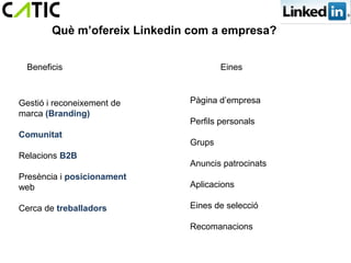 Què m’ofereix Linkedin com a empresa?


  Beneficis                           Eines



Gestió i reconeixement de     Pàgina d’empresa
marca (Branding)
                              Perfils personals
Comunitat
                              Grups
Relacions B2B
                              Anuncis patrocinats
Presència i posicionament
web                           Aplicacions

Cerca de treballadors         Eines de selecció

                              Recomanacions
 
