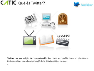 Què és Twitter?




Twitter es un mitjà de comunicació: Per tant es perfila com a plataforma
indispensables per a l'optimització de la distribució i el consum
.
 