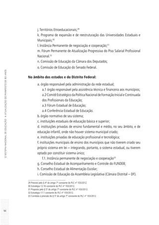 94
OSISTEMANACIONALDEEDUCAÇÃO:AATUALIZAÇÃODOMANIFESTODE80ANOS
j.Territórios Etnoeducacionais;29
k. Programa de expansão e de reestruturação das Universidades Estaduais e
Municipais;30
l. Instância Permanente de negociação e cooperação;31
m. Fórum Permanente de Atualização Progressiva do Piso Salarial Profissional
Nacional.32
n. Comissão de Educação da Câmara dos Deputados;
o. Comissão de Educação do Senado Federal.
No âmbito dos estados e do Distrito Federal:
a.	órgão responsável pela administração da rede estadual;
a.1 órgão responsável pela assistência técnica e financeira aos municípios;
a.2ComitêEstratégicodaPolíticaNacionaldeFormaçãoInicialeContinuada
dos Profissionais da Educação;
a.3 Fórum Estadual de Educação;
a.4 Conferência Estadual de Educação.
b.	órgão normativo de seu sistema;
c. instituições estaduais de educação básica e superior;
d.	instituições privadas de ensino fundamental e médio, no seu âmbito, e de
educação infantil, onde não houver sistema municipal criado;
e.	instituições privadas de educação profissional e tecnológica;
f.	instituições municipais de ensino dos municípios que não tiverem criado seu
próprio sistema em lei – integrando, portanto, o sistema estadual, ou tiverem
optado por constituir sistema único;
f.1. Instância permanente de negociação e cooperação33
g.	Conselho Estadual de Acompanhamento e Controle do FUNDEB;
h.	Conselho Estadual de Alimentação Escolar;
i. Comissão de Educação da Assembleia Legislativa (Câmara Distrital – DF).
29 Previsto pelo § 4º do artigo 7º constante do PLC nº 103/2012.
30 Estratégia 12.16 constante do PLC nº 103/2012.
31 Proposto pelo § 5º do artigo 7º constante do PLC nº 103/2012.
32 Estratégia 17.1 constante do PLC nº 103/2012.
33 Correlata à previsão do § 5º do artigo 7º constante do PLC nº 103/2012.
 