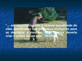 “ ... em reconhecimento à imensa quantidade de cães sacrificados nas pesquisas biológicas para se descobrir a insulina, cada criança deveria criar e cuidar de um cão.” (Bayliss) 