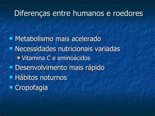 Diferenças entre humanos e roedores Metabolismo mais acelerado Necessidades nutricionais variadas Vitamina C e aminoácidos Desenvolvimento mais rápido Hábitos noturnos Cropofagia 