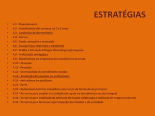 ESTRATÉGIAS
• 4.1 - Financiamento
• 4.2 - Atendimento das crianças de 0 a 3 anos
• 4.3 - Condições de permanência
• 4.4 - Acesso
• 4.5 - Apoio, pesquisa e assessoria
• 4.6 - Espaço físico, materiais e transporte
• 4.7 - Braille e Educação bilíngue libras/língua portuguesa
• 4.8 - Articulação pedagógica
• 4.9 - Beneficiários de programas de transferência de renda
• 4.10 - Pesquisa
• 4.11 - Pesquisa
• 4.12 - Continuidade do atendimento escolar
• 4.13 - Ampliação das equipes de profissionais
• 4.14 - Indicadores de qualidade
• 4.15 - Perfil
• 4.16 - Referenciais teóricos específicos nos cursos de formação de professor
• 4.17 - Parcerias para ampliar as condições de apoio ao atendimento escolar integral
• 4.18 - Parcerias para ampliação da oferta de formação continuada a produção de material acessível
• 4.19 - Parcerias para favorecer a participação das famílias e da sociedade
 