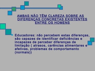 AMBAS NÃO TÊM CLAREZA SOBRE AS 
DIFERENÇAS CONCRETAS EXISTENTES 
ENTRE OS HOMENS 
 Educadores: não percebem estas diferenças, 
são capazes de identificar deficiências e 
incapazes de perceber diferenças de 
limitação ( atrasos, carências alimentares e 
afetivas, problemas de comportamento 
(normais)) 
 