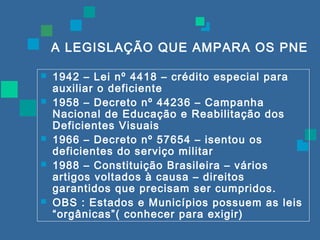 A LEGISLAÇÃO QUE AMPARA OS PNE 
 1942 – Lei nº 4418 – crédito especial para 
auxiliar o deficiente 
 1958 – Decreto nº 44236 – Campanha 
Nacional de Educação e Reabilitação dos 
Deficientes Visuais 
 1966 – Decreto nº 57654 – isentou os 
deficientes do serviço militar 
 1988 – Constituição Brasileira – vários 
artigos voltados à causa – direitos 
garantidos que precisam ser cumpridos. 
 OBS : Estados e Municípios possuem as leis 
“orgânicas”( conhecer para exigir) 
 