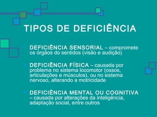 TIPOS DE DEFICIÊNCIA 
 DEFICIÊNCIA SENSORIAL – compromete 
os órgãos do sentidos (visão e audição) 
 DEFICIÊNCIA FÍSICA – causada por 
problema no sistema locomotor (ossos, 
articulações e músculos), ou no sistema 
nervoso, alterando a motricidade 
 DEFICIÊNCIA MENTAL OU COGNITIVA 
– causada por alterações da inteligência, 
adaptação social, entre outros 
 
