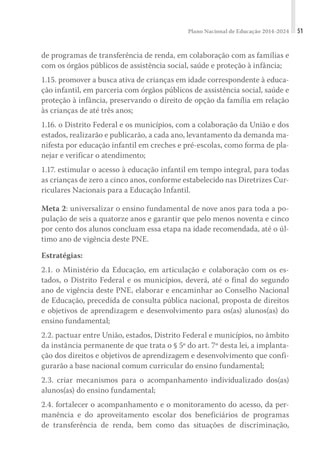 Plano Nacional de Educação 2014-2024 51
de programas de transferência de renda, em colaboração com as famílias e
com os órgãos públicos de assistência social, saúde e proteção à infância;
1.15. promover a busca ativa de crianças em idade correspondente à educa-
ção infantil, em parceria com órgãos públicos de assistência social, saúde e
proteção à infância, preservando o direito de opção da família em relação
às crianças de até três anos;
1.16. o Distrito Federal e os municípios, com a colaboração da União e dos
estados, realizarão e publicarão, a cada ano, levantamento da demanda ma-
nifesta por educação infantil em creches e pré-escolas, como forma de pla-
nejar e verificar o atendimento;
1.17. estimular o acesso à educação infantil em tempo integral, para todas
as crianças de zero a cinco anos, conforme estabelecido nas Diretrizes Cur-
riculares Nacionais para a Educação Infantil.
Meta 2: universalizar o ensino fundamental de nove anos para toda a po-
pulação de seis a quatorze anos e garantir que pelo menos noventa e cinco
por cento dos alunos concluam essa etapa na idade recomendada, até o úl-
timo ano de vigência deste PNE.
Estratégias:
2.1. o Ministério da Educação, em articulação e colaboração com os es-
tados, o Distrito Federal e os municípios, deverá, até o final do segundo
ano de vigência deste PNE, elaborar e encaminhar ao Conselho Nacional
de Educação, precedida de consulta pública nacional, proposta de direitos
e objetivos de aprendizagem e desenvolvimento para os(as) alunos(as) do
ensino fundamental;
2.2. pactuar entre União, estados, Distrito Federal e municípios, no âmbito
da instância permanente de que trata o § 5º do art. 7º desta lei, a implanta-
ção dos direitos e objetivos de aprendizagem e desenvolvimento que confi-
gurarão a base nacional comum curricular do ensino fundamental;
2.3. criar mecanismos para o acompanhamento individualizado dos(as)
alunos(as) do ensino fundamental;
2.4. fortalecer o acompanhamento e o monitoramento do acesso, da per-
manência e do aproveitamento escolar dos beneficiários de programas
de transferência de renda, bem como das situações de discriminação,
 