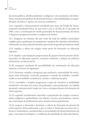 Série
Legislação
74
da escola pública, afrodescendentes e indígenas e de estudantes com defici-
ência, transtornos globais do desenvolvimento e altas habilidades ou super-
dotação, de forma a apoiar seu sucesso acadêmico;
12.6. expandir o financiamento estudantil por meio do Fundo de Finan-
ciamento Estudantil (Fies), de que trata a Lei nº 10.260, de 12 de julho de
2001, com a constituição de fundo garantidor do financiamento, de forma
a dispensar progressivamente a exigência de fiador;
12.7. assegurar, no mínimo, dez por cento do total de créditos curriculares
exigidos para a graduação em programas e projetos de extensão universitária,
orientando sua ação, prioritariamente, para áreas de grande pertinência social;
12.8. ampliar a oferta de estágio como parte da formação na educação
superior;
12.9. ampliar a participação proporcional de grupos historicamente desfa-
vorecidos na educação superior, inclusive mediante a adoção de políticas
afirmativas, na forma da lei;
12.10. assegurar condições de acessibilidade nas instituições de educação
superior, na forma da legislação;
12.11. fomentar estudos e pesquisas que analisem a necessidade de articu-
lação entre formação, currículo, pesquisa e mundo do trabalho, conside-
rando as necessidades econômicas, sociais e culturais do país;
12.12. consolidar e ampliar programas e ações de incentivo à mobilidade
estudantil e docente em cursos de graduação e pós-graduação, em âmbito
nacional e internacional, tendo em vista o enriquecimento da formação de
nível superior;
12.13. expandir atendimento específico a populações do campo e comuni-
dades indígenas e quilombolas, em relação a acesso, permanência, conclu-
são e formação de profissionais para atuação nessas populações;
12.14. mapear a demanda e fomentar a oferta de formação de pessoal de
nível superior, destacadamente a que se refere à formação nas áreas de ci-
ências e matemática, considerando as necessidades do desenvolvimento do
país, a inovação tecnológica e a melhoria da qualidade da educação básica;
 