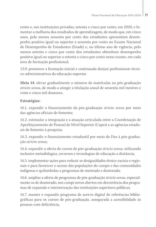 Plano Nacional de Educação 2014-2024 77
cento e, nas instituições privadas, setenta e cinco por cento, em 2020, e fo-
mentar a melhoria dos resultados de aprendizagem, de modo que, em cinco
anos, pelo menos sessenta por cento dos estudantes apresentem desem-
penho positivo igual ou superior a sessenta por cento no Exame Nacional
de Desempenho de Estudantes (Enade) e, no último ano de vigência, pelo
menos setenta e cinco por cento dos estudantes obtenham desempenho
positivo igual ou superior a setenta e cinco por cento nesse exame, em cada
área de formação profissional;
13.9. promover a formação inicial e continuada dos(as) profissionais técni-
co-administrativos da educação superior.
Meta 14: elevar gradualmente o número de matrículas na pós-graduação
stricto sensu, de modo a atingir a titulação anual de sessenta mil mestres e
vinte e cinco mil doutores.
Estratégias:
14.1. expandir o financiamento da pós-graduação stricto sensu por meio
das agências oficiais de fomento;
14.2. estimular a integração e a atuação articulada entre a Coordenação de
Aperfeiçoamento de Pessoal de Nível Superior (Capes) e as agências estadu-
ais de fomento à pesquisa;
14.3. expandir o financiamento estudantil por meio do Fies à pós-gradua-
ção stricto sensu;
14.4. expandir a oferta de cursos de pós-graduação stricto sensu, utilizando
inclusive metodologias, recursos e tecnologias de educação a distância;
14.5. implementar ações para reduzir as desigualdades étnico-raciais e regio-
nais e para favorecer o acesso das populações do campo e das comunidades
indígenas e quilombolas a programas de mestrado e doutorado;
14.6. ampliar a oferta de programas de pós-graduação stricto sensu, especial-
mente os de doutorado, nos campi novos abertos em decorrência dos progra-
mas de expansão e interiorização das instituições superiores públicas;
14.7. manter e expandir programa de acervo digital de referências biblio-
gráficas para os cursos de pós-graduação, assegurada a acessibilidade às
pessoas com deficiência;
 