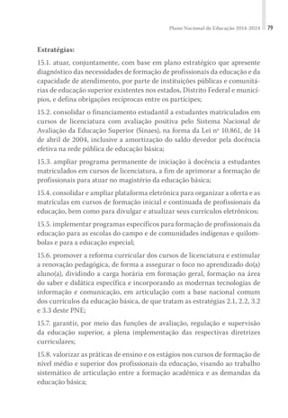 Plano Nacional de Educação 2014-2024 79
Estratégias:
15.1. atuar, conjuntamente, com base em plano estratégico que apresente
diagnóstico das necessidades de formação de profissionais da educação e da
capacidade de atendimento, por parte de instituições públicas e comunitá-
rias de educação superior existentes nos estados, Distrito Federal e municí-
pios, e defina obrigações recíprocas entre os partícipes;
15.2. consolidar o financiamento estudantil a estudantes matriculados em
cursos de licenciatura com avaliação positiva pelo Sistema Nacional de
Avaliação da Educação Superior (Sinaes), na forma da Lei nº 10.861, de 14
de abril de 2004, inclusive a amortização do saldo devedor pela docência
efetiva na rede pública de educação básica;
15.3. ampliar programa permanente de iniciação à docência a estudantes
matriculados em cursos de licenciatura, a fim de aprimorar a formação de
profissionais para atuar no magistério da educação básica;
15.4. consolidar e ampliar plataforma eletrônica para organizar a oferta e as
matrículas em cursos de formação inicial e continuada de profissionais da
educação, bem como para divulgar e atualizar seus currículos eletrônicos;
15.5. implementar programas específicos para formação de profissionais da
educação para as escolas do campo e de comunidades indígenas e quilom-
bolas e para a educação especial;
15.6. promover a reforma curricular dos cursos de licenciatura e estimular
a renovação pedagógica, de forma a assegurar o foco no aprendizado do(a)
aluno(a), dividindo a carga horária em formação geral, formação na área
do saber e didática específica e incorporando as modernas tecnologias de
informação e comunicação, em articulação com a base nacional comum
dos currículos da educação básica, de que tratam as estratégias 2.1, 2.2, 3.2
e 3.3 deste PNE;
15.7. garantir, por meio das funções de avaliação, regulação e supervisão
da educação superior, a plena implementação das respectivas diretrizes
curriculares;
15.8. valorizar as práticas de ensino e os estágios nos cursos de formação de
nível médio e superior dos profissionais da educação, visando ao trabalho
sistemático de articulação entre a formação acadêmica e as demandas da
educação básica;
 