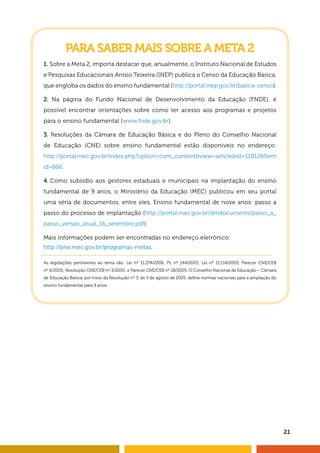 21 
PARA SABER MAIS SOBRE A META 2 
1. Sobre a Meta 2, importa destacar que, anualmente, o Instituto Nacional de Estudos 
e Pesquisas Educacionais Anísio Teixeira (INEP) publica o Censo da Educação Básica, 
que engloba os dados do ensino fundamental (http://portal.inep.gov.br/basica-censo). 
2. Na página do Fundo Nacional de Desenvolvimento da Educação (FNDE), é 
possível encontrar orientações sobre como ter acesso aos programas e projetos 
para o ensino fundamental (www.fnde.gov.br). 
3. Resoluções da Câmara de Educação Básica e do Pleno do Conselho Nacional 
de Educação (CNE) sobre ensino fundamental estão disponíveis no endereço: 
http://portal.mec.gov.br/index.php?option=com_content&view=article&id=12812&Item 
id=866. 
4. Como subsídio aos gestores estaduais e municipais na implantação do ensino 
fundamental de 9 anos, o Ministério da Educação (MEC) publicou em seu portal 
uma séria de documentos, entre eles, Ensino fundamental de nove anos: passo a 
passo do processo de implantação (http://portal.mec.gov.br/dmdocuments/passo_a_ 
passo_versao_atual_16_setembro.pdf). 
Mais informações podem ser encontradas no endereço eletrônico: 
http://pne.mec.gov.br/programas-metas. 
As legislações pertinentes ao tema são: Lei nº 11.274/2006; PL nº 144/2005; Lei nº 11.114/2005; Parecer CNE/CEB 
nº 6/2005; Resolução CNE/CEB nº 3/2005; e Parecer CNE/CEB nº 18/2005. O Conselho Nacional de Educação – Câmara 
de Educação Básica, por meio da Resolução nº 3, de 3 de agosto de 2005, defi ne normas nacionais para a ampliação do 
ensino fundamental para 9 anos. 
 