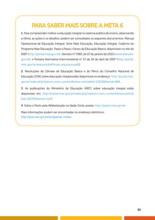 30 
PARA SABER MAIS SOBRE A META 6 
1. Para compreender melhor a educação integral no sistema público de ensino, observando 
a oferta, as ações e os desafi os, podem ser consultados os seguintes documentos: Manual 
Operacional de Educação Integral; Série Mais Educação, Educação Integral; Caderno do 
Programa Mais Educação: Passo a Passo; Censo da Educação Básica, disponíveis no site do 
INEP (http://portal.inep.gov.br); Decreto nº 7.083, de 27 de janeiro de 2010 (www.planalto. 
gov.br); e Portaria Normativa Interministerial nº 17, de 24 de abril de 2007 (http://portal. 
mec.gov.br/arquivos/pdf/mais_educacao.pdf). 
2. Resoluções da Câmara de Educação Básica e do Pleno do Conselho Nacional de 
Educação (CNE) sobre educação integral estão disponíveis no endereço: http://portal.mec. 
gov.br/index.php?option=com_content&view=article&id=12812&Itemid=866. 
3. As publicações do Ministério da Educação (MEC) sobre educação integral estão 
disponíveis em: http://portal.mec.gov.br/index.php?option=com_content&view=article 
&id=16727&Itemid=1119. 
4. Sobre o Pacto pela Alfabetização na Idade Certa, acesse: http://pacto.mec.gov.br. 
Mais informações podem ser encontradas no endereço eletrônico: 
http://pne.mec.gov.br/programas-metas. 
 