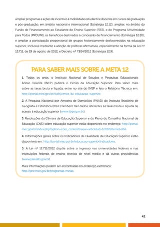 ampliar programas e ações de incentivo à mobilidade estudantil e docente em cursos de graduação 
e pós-graduação, em âmbito nacional e internacional (Estratégia 12.12); ampliar, no âmbito do 
Fundo de Financiamento ao Estudante do Ensino Superior (FIES), e do Programa Universidade 
para Todos (PROUNI), os benefícios destinados à concessão de fi nanciamento (Estratégia 12.20); 
e ampliar a participação proporcional de grupos historicamente desfavorecidos na educação 
superior, inclusive mediante a adoção de políticas afi rmativas, especialmente na forma da Lei nº 
12.711, de 29 de agosto de 2012, e Decreto nº 7.824/2012 (Estratégia 12.9). 
42 
PARA SABER MAIS SOBRE A META 12 
1. Todos os anos, o Instituto Nacional de Estudos e Pesquisas Educacionais 
Anísio Teixeira (INEP) publica o Censo da Educação Superior. Para saber mais 
sobre as taxas bruta e líquida, entre no site do INEP e leia o Relatório Técnico em: 
http://portal.inep.gov.br/web/censo-da-educacao-superior. 
2. A Pesquisa Nacional por Amostra de Domicílios (PNAD) do Instituto Brasileiro de 
Geografi a e Estatística (IBGE) também traz dados referentes às taxas bruta e líquida de 
acesso à educação superior (www.ibge.gov.br). 
3. Resoluções da Câmara de Educação Superior e do Pleno do Conselho Nacional de 
Educação (CNE) sobre educação superior estão disponíveis no endereço: http://portal. 
mec.gov.br/index.php?option=com_content&view=article&id=12812&Itemid=866. 
4. Informações gerais sobre os Indicadores de Qualidade da Educação Superior estão 
disponíveis em: http://portal.inep.gov.br/educacao-superior/indicadores. 
5. A Lei nº 12.711/2012 dispõe sobre o ingresso nas universidades federais e nas 
instituições federais de ensino técnico de nível médio e dá outras providências 
(www.planalto.gov.br). 
Mais informações podem ser encontradas no endereço eletrônico: 
http://pne.mec.gov.br/programas-metas. 
 