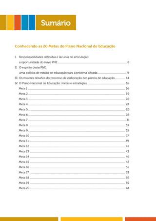7 
Sumário 
Conhecendo as 20 Metas do Plano Nacional de Educação 
I. Responsabilidades definidas e lacunas de articulação: 
a oportunidade do novo PNE .............................................................................................................. 8 
II. O espírito deste PNE: 
uma política de estado de educação para a próxima década .............................................. 9 
III. Os maiores desafios do processo de elaboração dos planos de educação ................ 14 
IV. O Plano Nacional de Educação: metas e estratégias ............................................................. 16 
Meta 1 ............................................................................................................................................................ 16 
Meta 2 ........................................................................................................................................................... 19 
Meta 3 ........................................................................................................................................................... 22 
Meta 4 ........................................................................................................................................................... 24 
Meta 5 ........................................................................................................................................................... 26 
Meta 6 ........................................................................................................................................................... 28 
Meta 7 ............................................................................................................................................................ 31 
Meta 8 ............................................................................................................................................................ 33 
Meta 9 ............................................................................................................................................................ 35 
Meta 10 .......................................................................................................................................................... 37 
Meta 11 .......................................................................................................................................................... 39 
Meta 12 .......................................................................................................................................................... 41 
Meta 13 .......................................................................................................................................................... 43 
Meta 14 .......................................................................................................................................................... 46 
Meta 15 .......................................................................................................................................................... 48 
Meta 16 .......................................................................................................................................................... 51 
Meta 17 .......................................................................................................................................................... 53 
Meta 18 .......................................................................................................................................................... 56 
Meta 19 .......................................................................................................................................................... 59 
Meta 20 .......................................................................................................................................................... 61 
 