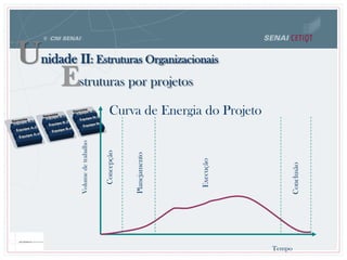 Curva de Energia do Projeto
Tempo
Concepção
Volumedetrabalho
Planejamento
Execução
Conclusão
Unidade II: Estruturas Organizacionais
Estruturas por projetos
 