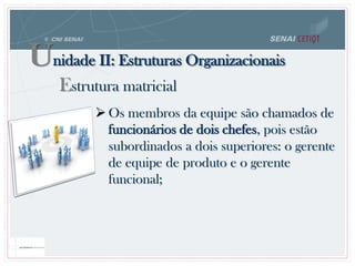  Os membros da equipe são chamados de
funcionários de dois chefes, pois estão
subordinados a dois superiores: o gerente
de equipe de produto e o gerente
funcional;
Estrutura matricial
Unidade II: Estruturas Organizacionais
 