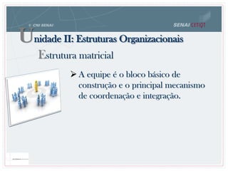 A equipe é o bloco básico de
construção e o principal mecanismo
de coordenação e integração.
Estrutura matricial
Unidade II: Estruturas Organizacionais
 