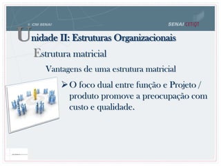 Vantagens de uma estrutura matricial
O foco dual entre função e Projeto /
produto promove a preocupação com
custo e qualidade.
Unidade II: Estruturas Organizacionais
Estrutura matricial
 