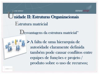 Desvantagens da estrutura matricial*
A falta de uma hierarquia de
autoridade claramente definida
também pode causar conflitos entre
equipes de funções e projeto /
produto sobre o uso de recursos;
Unidade II: Estruturas Organizacionais
Estrutura matricial
 