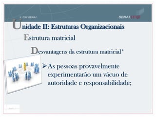 Desvantagens da estrutura matricial*
As pessoas provavelmente
experimentarão um vácuo de
autoridade e responsabilidade;
Unidade II: Estruturas Organizacionais
Estrutura matricial
 